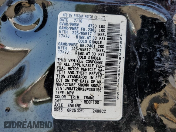 2018 Nissan Rogue SV z VIN JN8AT2MV3JW350156, wystawiony jako Copart lot #54839845 z przebiegiem 64 870 mil mil oraz Szkoda całkowita • Salvage title. Historia ofert i sprzedaży dostępna na DreamBid. Obrazek 12.
