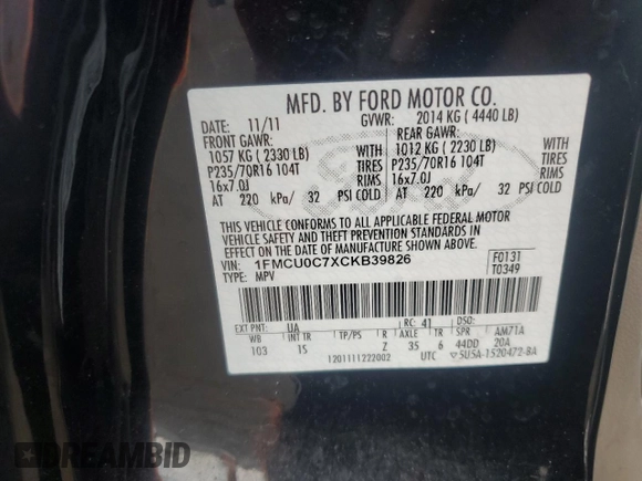 2012 Ford Escape XLS с VIN 1FMCU0C7XCKB39826, выставлен на аукционе Copart как лот 58989855 с пробегом 79 551 миль миль и Списание • Salvage title. История ставок и продаж доступна на DreamBid. Изображение 13.