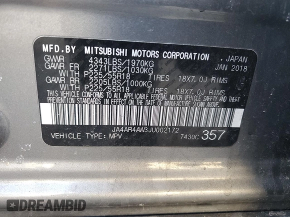 2018 Mitsubishi Outlander SEL z VIN JA4AR4AW3JU002172, wystawiony jako Copart lot #88219955 z przebiegiem 95 339 mil mil oraz Szkody całkowita. Historia ofert i sprzedaży dostępna na DreamBid. Obrazek 15.
