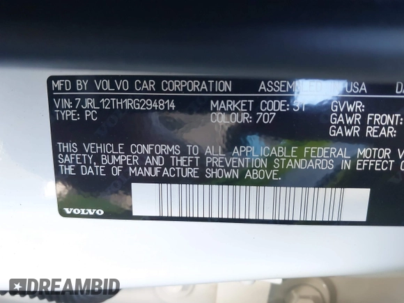 2024 Volvo S60 Plus Black Edition with VIN 7JRL12TH1RG294814, listed as a IAAI auction lot 41324183 with 35,874 mi miles and . Bid and sale history available at DreamBid. Image 9.