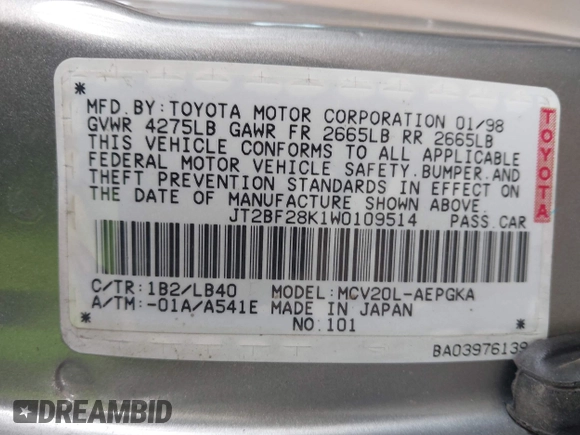 1998 Toyota Camry LE z VIN JT2BF28K1W0109514, wystawiony jako IAAI lot #41610102 z przebiegiem 161 266 mil mil oraz . Historia ofert i sprzedaży dostępna na DreamBid. Obrazek 9.