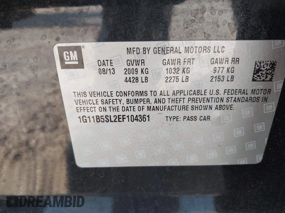 2014 Chevrolet Malibu LS with VIN 1G11B5SL2EF104361, listed as a IAAI auction lot 42106388 with 109,613 mi miles and . Bid and sale history available at DreamBid. Image 9.