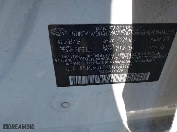 2019 Hyundai Elantra SEL with VIN 5NPD84LF4KH460401, listed as a IAAI auction lot 41826548 with 179,951 mi miles. Bid and sale history available at carsss.com. Image 9.