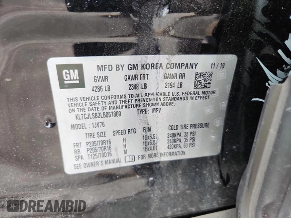 2020 Chevrolet Trax LT with VIN KL7CJLSB3LB057809, listed as a Copart auction lot 61795535 with 42,268 mi miles and Salvage title. Bid and sale history available at DreamBid. Image 12.