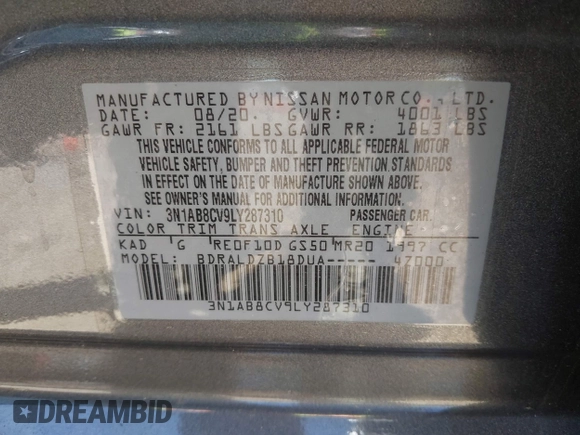 2020 Nissan Sentra SV z VIN 3N1AB8CV9LY287310, wystawiony jako IAAI lot #42103110 z przebiegiem 45 999 mil mil oraz . Historia ofert i sprzedaży dostępna na DreamBid. Obrazek 9.