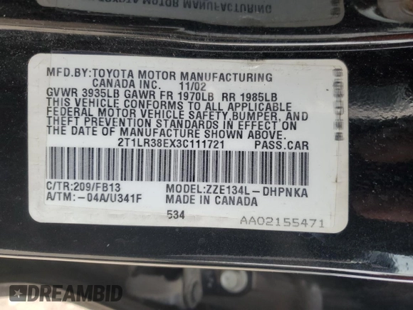 2003 Toyota Matrix Std with VIN 2T1LR38EX3C111721, listed as a Copart auction lot 51572555 with 198,311 mi miles and Clean Title. Bid and sale history available at DreamBid. Image 12.