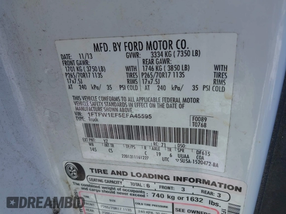 2014 Ford F-150 XL with VIN 1FTFW1EF5EFA45595, listed as a IAAI auction lot 41535410 with 124,208 mi miles. Bid and sale history available at carsss.com. Image 9.