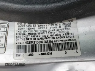 2003 Honda Civic LX with VIN 1HGEM21503L068299, listed as a Copart auction lot 85111194 with 214,133 mi miles and Salvage Title. Bid and sale history available at DreamBid. Image 13.