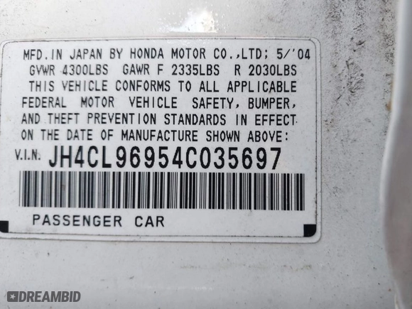 2004 Acura TSX w/Navigation with VIN JH4CL96954C035697, listed as a IAAI auction lot 41743954 with 233,696 mi miles. Bid and sale history available at carsss.com. Image 9.