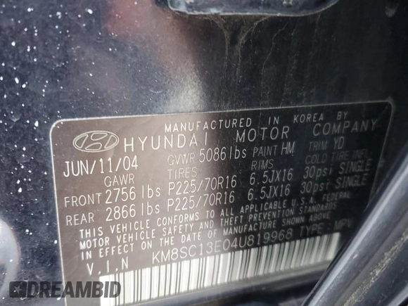 2004 Hyundai Santa Fe GLS with VIN KM8SC13E04U819968, listed as a Copart auction lot 88279005 with 156,808 mi miles and Salvage Title. Bid and sale history available at carsss.com. Image 13.