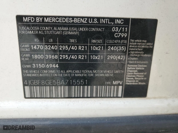 2011 Mercedes-Benz GL-Class GL 550 with VIN 4JGBF8GE5BA715551, listed as a Copart auction lot 81619884 with 140,577 mi miles and Salvage Title. Bid and sale history available at carsss.com. Image 13.