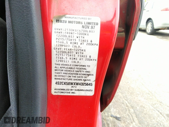 1998 Isuzu Rodeo S z VIN 4S2CK58WXW4325645, wystawiony jako IAAI lot #42013228 z przebiegiem 300 698 mil mil oraz . Historia ofert i sprzedaży dostępna na DreamBid. Obrazek 9.