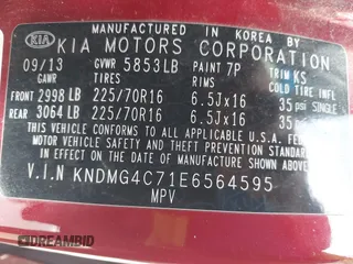 2014 Kia Sedona LX with VIN KNDMG4C71E6564595, listed as a IAAI auction lot 42015687 with 208,270 mi miles. Bid and sale history available at carsss.com. Image 9.