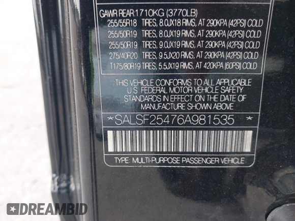 2006 Land Rover Range Rover Sport HSE with VIN SALSF25476A981535, listed as a IAAI auction lot 42117778 with 185,322 mi miles and . Bid and sale history available at DreamBid. Image 9.