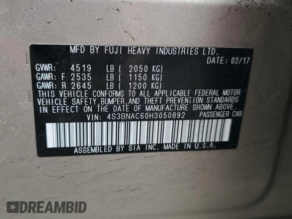 2017 Subaru Legacy Premium с VIN 4S3BNAC60H3050892, выставлен на аукционе Copart как лот 52379485 с пробегом 117 435 миль миль и На запчасти • Non repairable. История ставок и продаж доступна на DreamBid. Изображение 12.