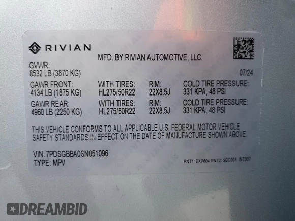 2025 Rivian R1S Adventure with VIN 7PDSGBBA0SN051096, listed as a Copart auction lot 87441054 with 30 mi miles and Salvage Title. Bid and sale history available at carsss.com. Image 13.