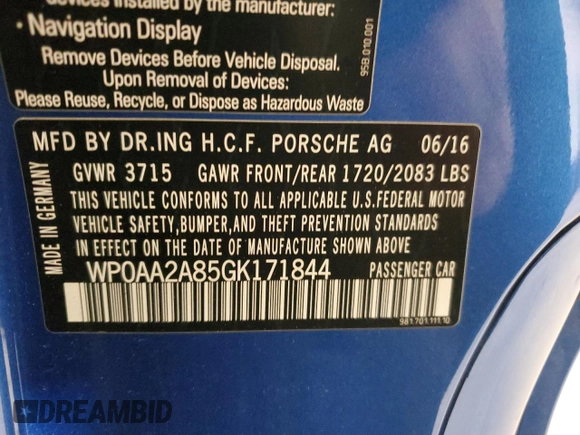 2016 Porsche 718 Cayman z VIN WP0AA2A85GK171844, wystawiony jako Copart lot #56151195 z przebiegiem 46 652 mil mil oraz Szkoda całkowita • Salvage title. Historia ofert i sprzedaży dostępna na DreamBid. Obrazek 13.