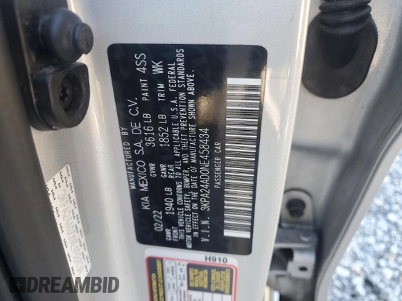 2022 Kia Rio S with VIN 3KPA24AD0NE458434, listed as a Copart auction lot 48639305 with 34,895 mi miles and Non Repairable. Bid and sale history available at carsss.com. Image 12.