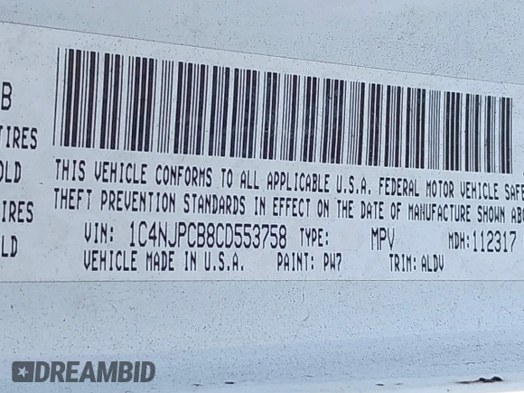 2012 Jeep Patriot Limited z VIN 1C4NJPCB8CD553758, wystawiony jako IAAI lot #41262329 z przebiegiem 121 688 mil mil oraz . Historia ofert i sprzedaży dostępna na DreamBid. Obrazek 9.