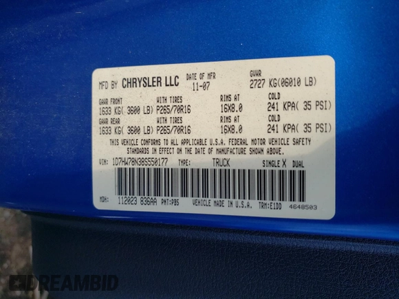 2008 Dodge Dakota with VIN 1D7HW78N38S550177, listed as a Copart auction lot 77898264 with 117,222 mi miles and Salvage title. Bid and sale history available at DreamBid. Image 12.