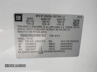 2015 Chevrolet Tahoe LS with VIN 1GNSCAKC3FR687421, listed as a IAAI auction lot 41930895 with Not provided miles and . Bid and sale history available at DreamBid. Image 9.
