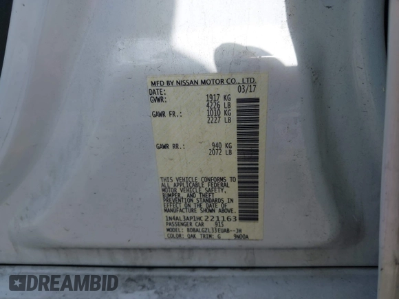 2017 Nissan Altima SL with VIN 1N4AL3AP1HC221163, listed as a IAAI auction lot 42191635 with 65,000 mi miles and . Bid and sale history available at DreamBid. Image 9.