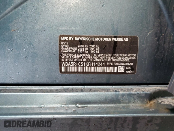 2019 BMW 3 Series 330i with VIN WBA5R1C51KFH14244, listed as a Copart auction lot 52199945 with 45,365 mi miles and Salvage title. Bid and sale history available at DreamBid. Image 13.