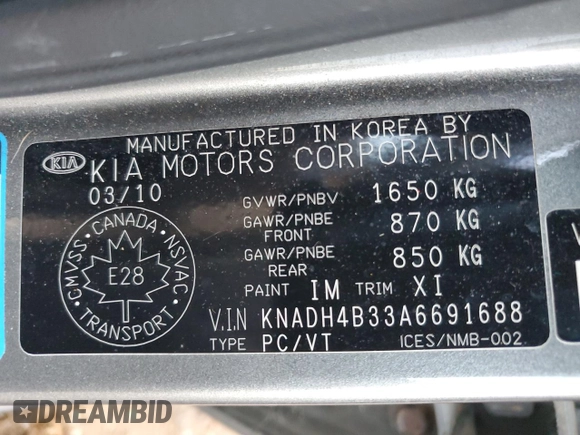 2010 Kia Rio with VIN KNADH4B33A6691688, listed as a Copart auction lot 82578714 with 41,796 mi miles and Clean Title. Bid and sale history available at DreamBid. Image 12.