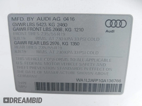 2016 Audi Q5 Premium Plus with VIN WA1L2AFP1GA136766, listed as a IAAI auction lot 42478490 with 83,190 mi miles and . Bid and sale history available at DreamBid. Image 9.