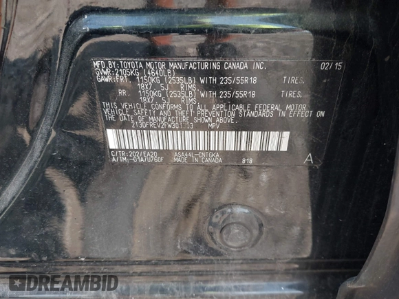 2015 Toyota RAV4 Limited with VIN 2T3DFREV2FW301303, listed as a IAAI auction lot 42669336 with 140,973 mi miles and . Bid and sale history available at DreamBid. Image 9.
