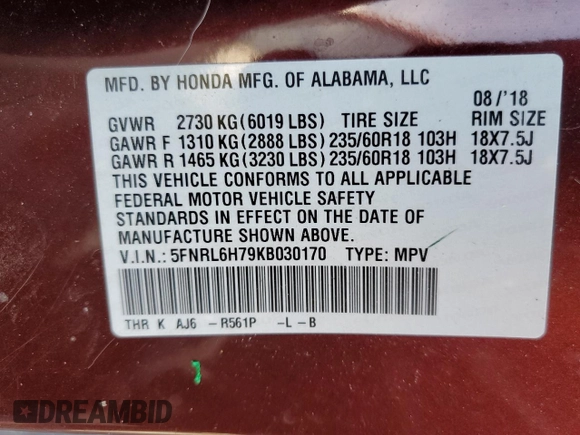 2019 Honda Odyssey EX-L with VIN 5FNRL6H79KB030170, listed as a Copart auction lot 50277315 with 65,528 mi miles and Salvage Title. Bid and sale history available at DreamBid. Image 13.