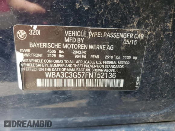 2015 BMW 3 Series 320i xDrive с VIN WBA3C3G57FNT52136, выставлен на аукционе Copart как лот 59200955 с пробегом 118 257 миль миль и Списание • Salvage title. История ставок и продаж доступна на DreamBid. Изображение 12.