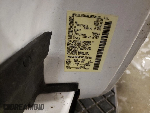 2005 Nissan Titan SE with VIN 1N6BA06B05N522536, listed as a Copart auction lot 88483945 with 183,459 mi miles and Salvage title. Bid and sale history available at DreamBid. Image 12.