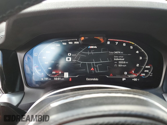 2023 BMW M4 Competition xDrive with VIN WBS33BA08PCL36057, listed as a Copart auction lot 77821614 with 34,074 mi miles and Salvage Title. Bid and sale history available at carsss.com. Image 9.