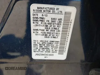 2003 Nissan Murano SL with VIN JN8AZ08W63W234605, listed as a IAAI auction lot 42147336 with Not Provided miles and . Bid and sale history available at DreamBid. Image 9.