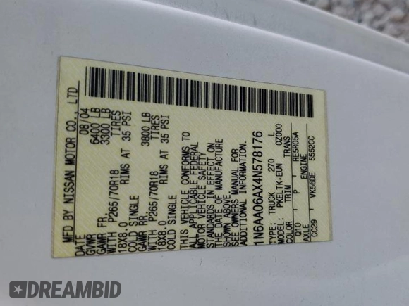 2004 Nissan Titan SE z VIN 1N6AA06AX4N578176, wystawiony jako Copart lot #60174465 z przebiegiem 202 545 mil mil oraz Szkoda całkowita • Salvage title. Historia ofert i sprzedaży dostępna na DreamBid. Obrazek 12.