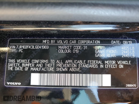 2020 Volvo S60 Momentum with VIN 7JR102FK3LG041969, listed as a Copart auction lot 37099794 with 40,524 mi miles. Bid and sale history available at carsss.com. Image 12.