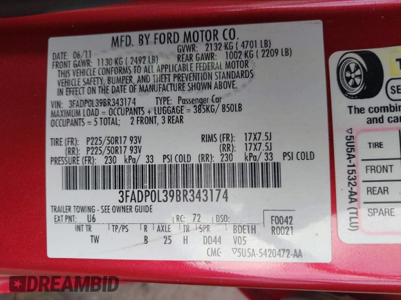 2011 Ford Fusion Hybrid with VIN 3FADP0L39BR343174, listed as a IAAI auction lot 42818567 with 232,209 mi miles and . Bid and sale history available at DreamBid. Image 9.