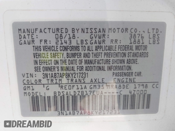 2019 Nissan Sentra SR with VIN 3N1AB7AP8KY217231, listed as a IAAI auction lot 41218367 with 94,666 mi miles and . Bid and sale history available at DreamBid. Image 9.