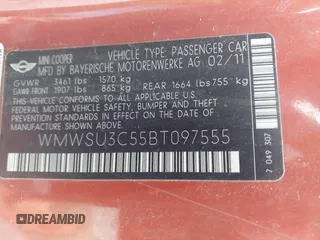 2011 MINI Hardtop with VIN WMWSU3C55BT097555, listed as a IAAI auction lot 42043733 with 185,071 mi miles and . Bid and sale history available at DreamBid. Image 9.