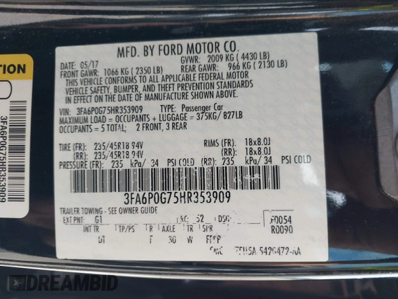 2017 Ford Fusion S with VIN 3FA6P0G75HR353909, listed as a IAAI auction lot 42024272 with 151,383 mi miles. Bid and sale history available at carsss.com. Image 9.