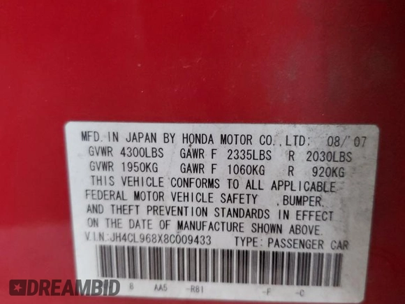 2008 Acura TSX z VIN JH4CL968X8C009433, wystawiony jako Copart lot #55860975 z przebiegiem 125 506 mil mil oraz Szkoda całkowita • Salvage title. Historia ofert i sprzedaży dostępna na DreamBid. Obrazek 12.