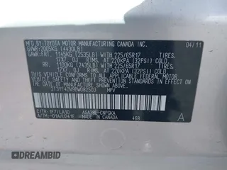 2011 Toyota RAV4 Ltd with VIN 2T3YF4DV9BW082503, listed as a IAAI auction lot 41810414 with 172,125 mi miles. Bid and sale history available at carsss.com. Image 9.