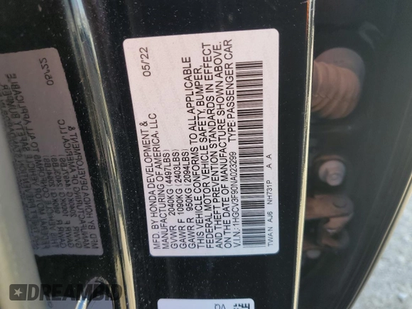 2022 Honda Accord Touring with VIN 1HGCV3F90NA023299, listed as a Copart auction lot 51629175 with Not provided miles and Salvage title. Bid and sale history available at DreamBid. Image 12.