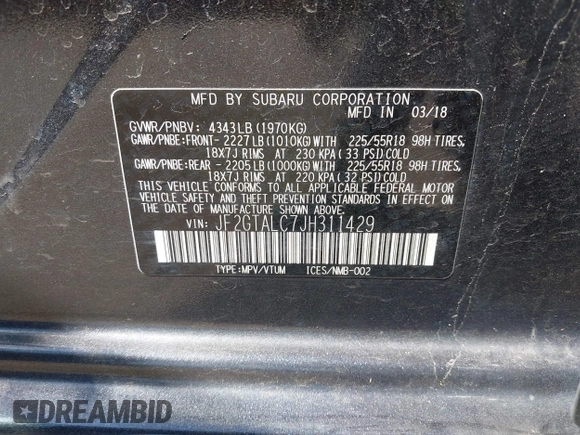 2018 Subaru Crosstrek Limited with VIN JF2GTALC7JH311429, listed as a IAAI auction lot 41829183 with 105,449 mi miles and . Bid and sale history available at DreamBid. Image 9.