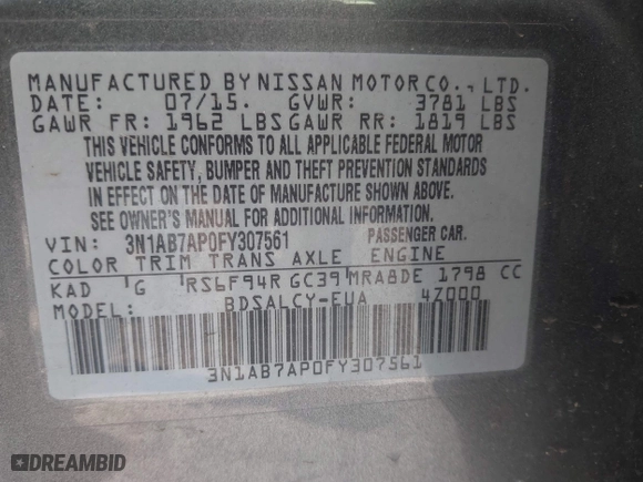 2015 Nissan Sentra S with VIN 3N1AB7AP0FY307561, listed as a IAAI auction lot 42090506 with 149,744 mi miles. Bid and sale history available at carsss.com. Image 9.