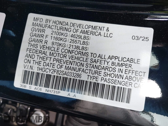 2025 Honda Accord Touring with VIN 1HGCY2F82SA033286, listed as a IAAI auction lot 42110972 with 773 mi miles and . Bid and sale history available at DreamBid. Image 9.
