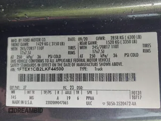 2020 Ford F-150 XL with VIN 1FTEX1CB2LKF44500, listed as a IAAI auction lot 42514020 with 92,224 mi miles and . Bid and sale history available at DreamBid. Image 9.