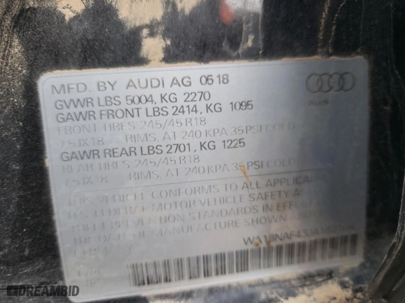 2018 Audi A4 allroad Premium Plus with VIN WA18NAF43JA188104, listed as a Copart auction lot 82425833 with 40,837 mi miles. Bid and sale history available at carsss.com. Image 12.