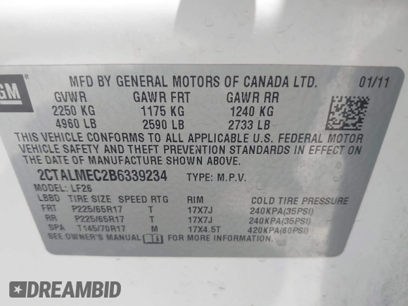 2011 GMC Terrain SLE-1 with VIN 2CTALMEC2B6339234, listed as a IAAI auction lot 42742563 with 138,834 mi miles and . Bid and sale history available at DreamBid. Image 9.